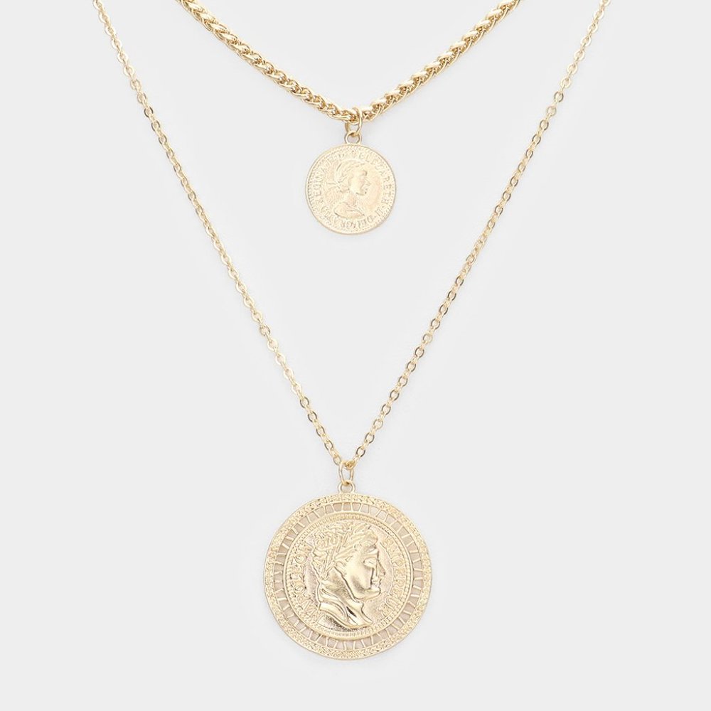 Gold Chain Double Layered Portrait Head Coin Link Necklace - Picture 10 of 11